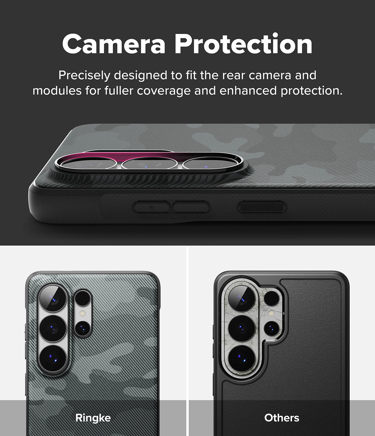 [Bundle] Galaxy S26 Ultra | Onyx - Comparison showing Ringke case providing full camera module coverage versus standard cases.