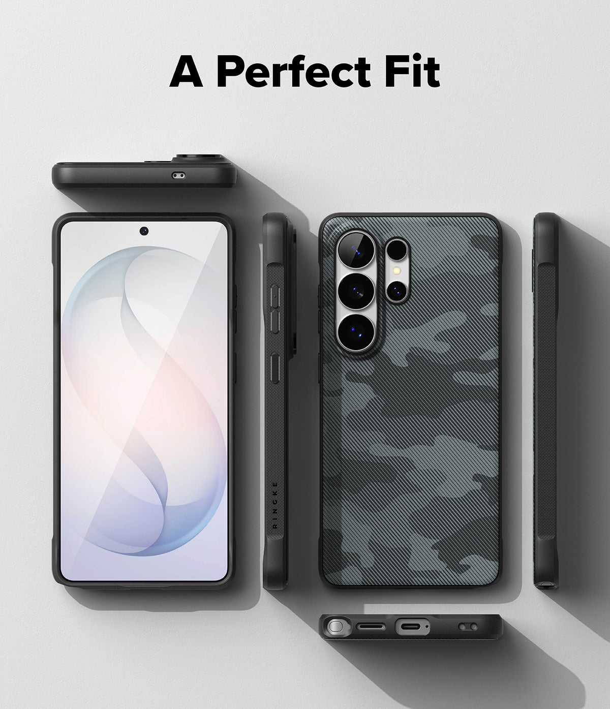 Galaxy S26 Ultra Case | Onyx - Multiple views of a black camouflage phone case on a Galaxy S26 Ultra against a gray background.