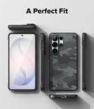 Galaxy S26 Ultra Case | Onyx - Multiple views of a black camouflage phone case on a Galaxy S26 Ultra against a gray background.