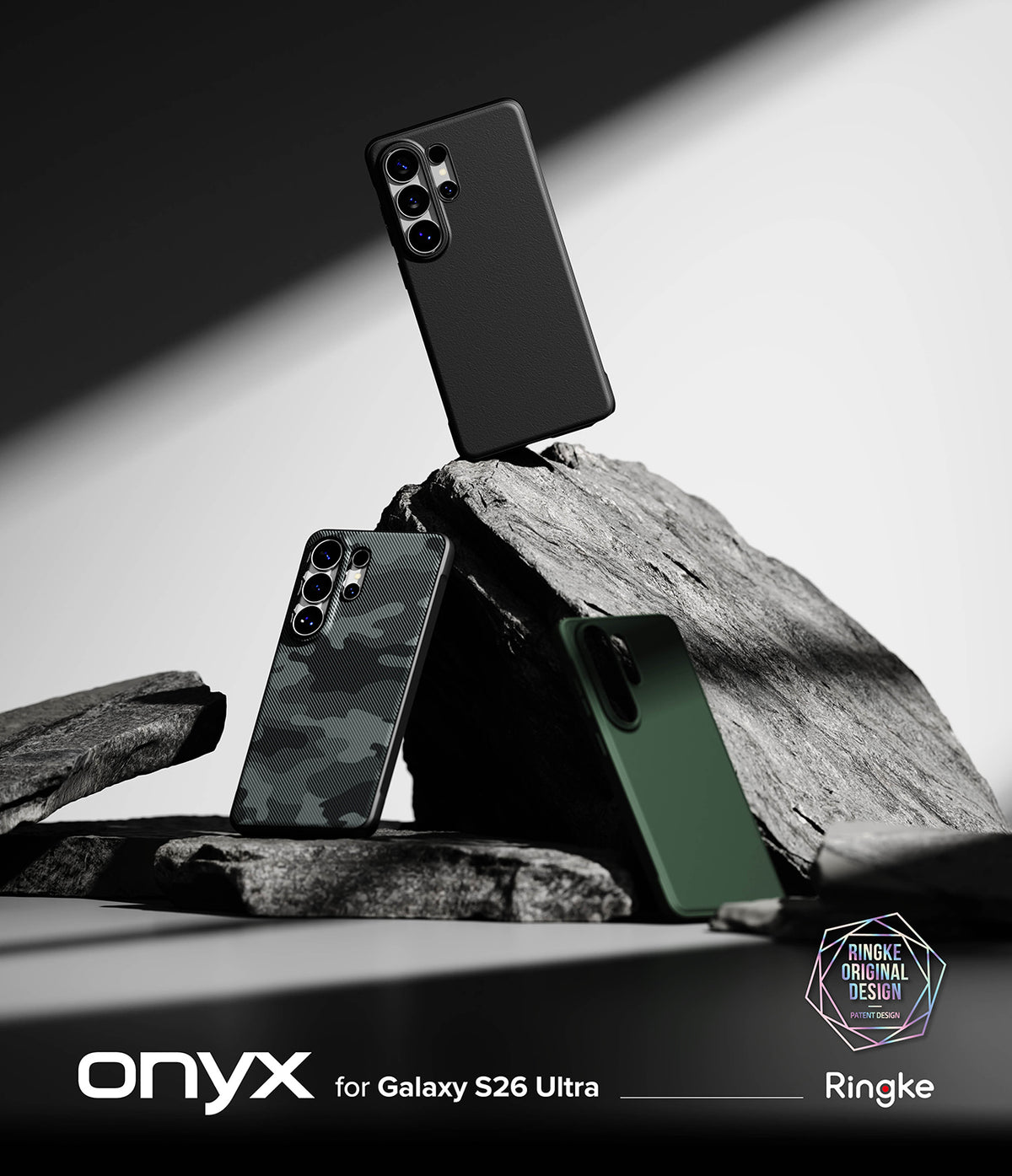 [Bundle] Galaxy S26 Ultra | Onyx - Three Galaxy S26 Ultra phones in black, camo, and green cases displayed on jagged rocks.