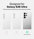Galaxy S26 Ultra Case | Onyx - Comparison chart showing Galaxy S26, S26+, and S26 Ultra with a green check for the Ultra.