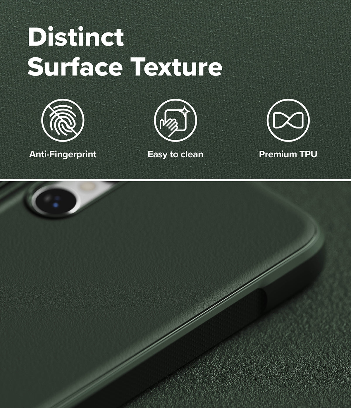 [Bundle] Galaxy S26 Ultra | Onyx - Dark green phone case with icons highlighting anti-fingerprint, easy clean, and premium TPU features.