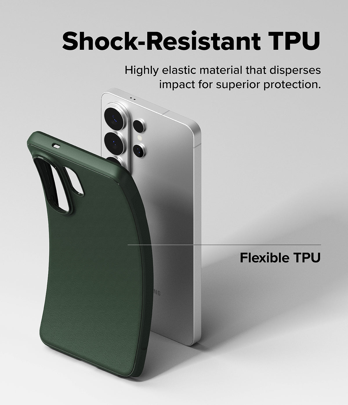 Galaxy S26 Ultra Case | Onyx - A flexible dark green TPU case being pulled away from a silver Galaxy S26 Ultra smartphone.