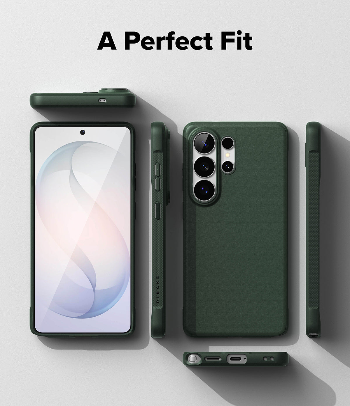 Galaxy S26 Ultra Case | Onyx - Dark green phone case shown from multiple angles with a phone screen and stylus port.