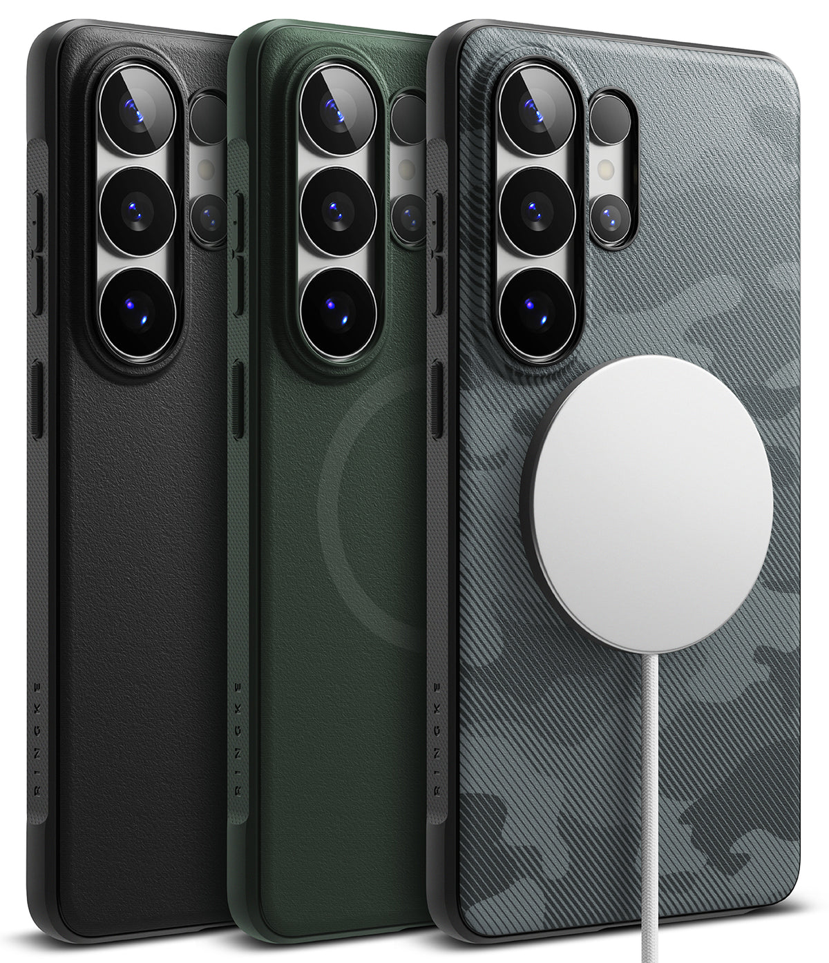 Galaxy S26 Ultra Case | Onyx Magnetic - Three Galaxy S26 Ultra phones in black, green, and camo cases with a magnetic charger.