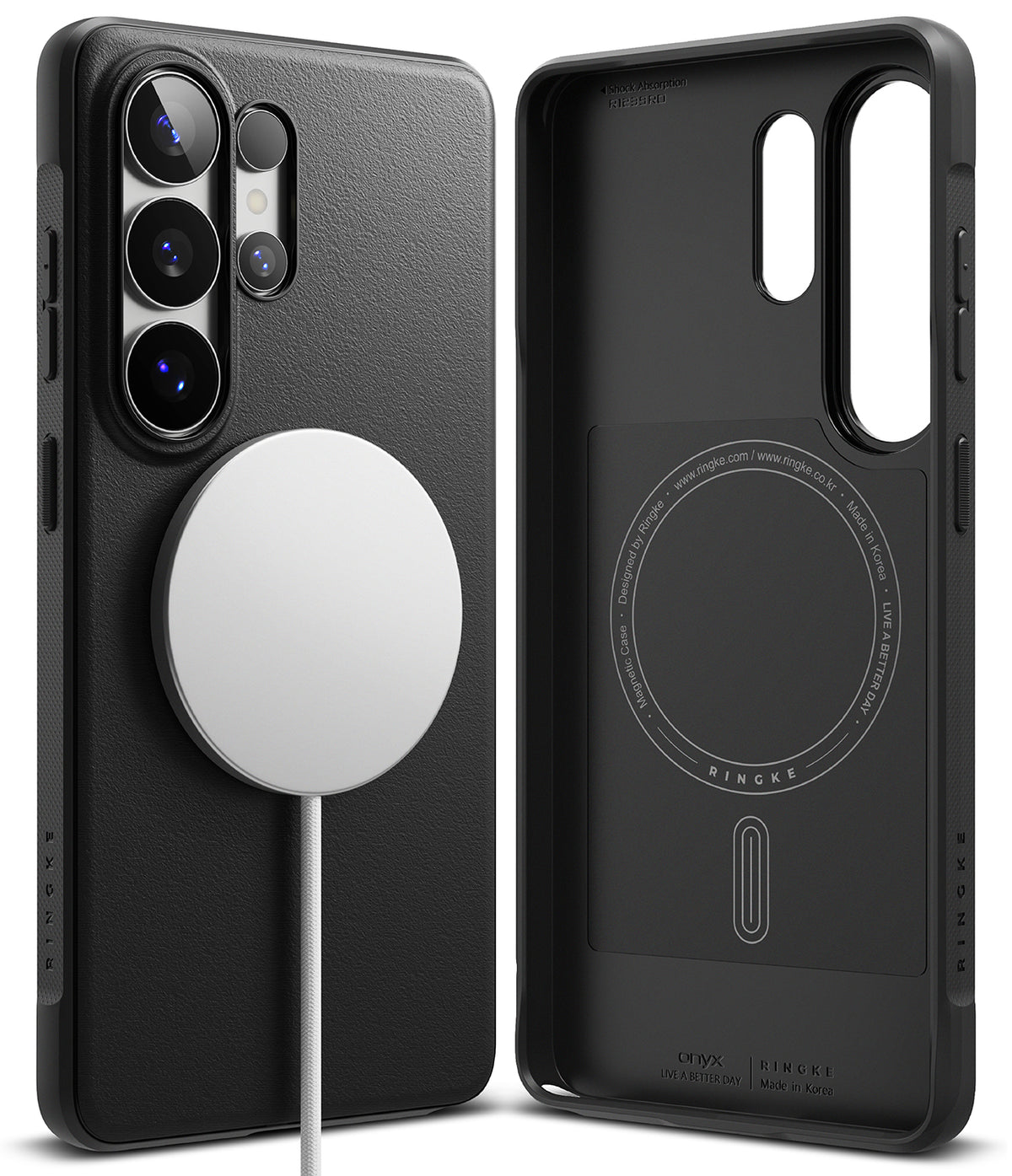 Galaxy S26 Ultra Case | Onyx Magnetic - Black textured phone case with magnetic charger on back and interior view.