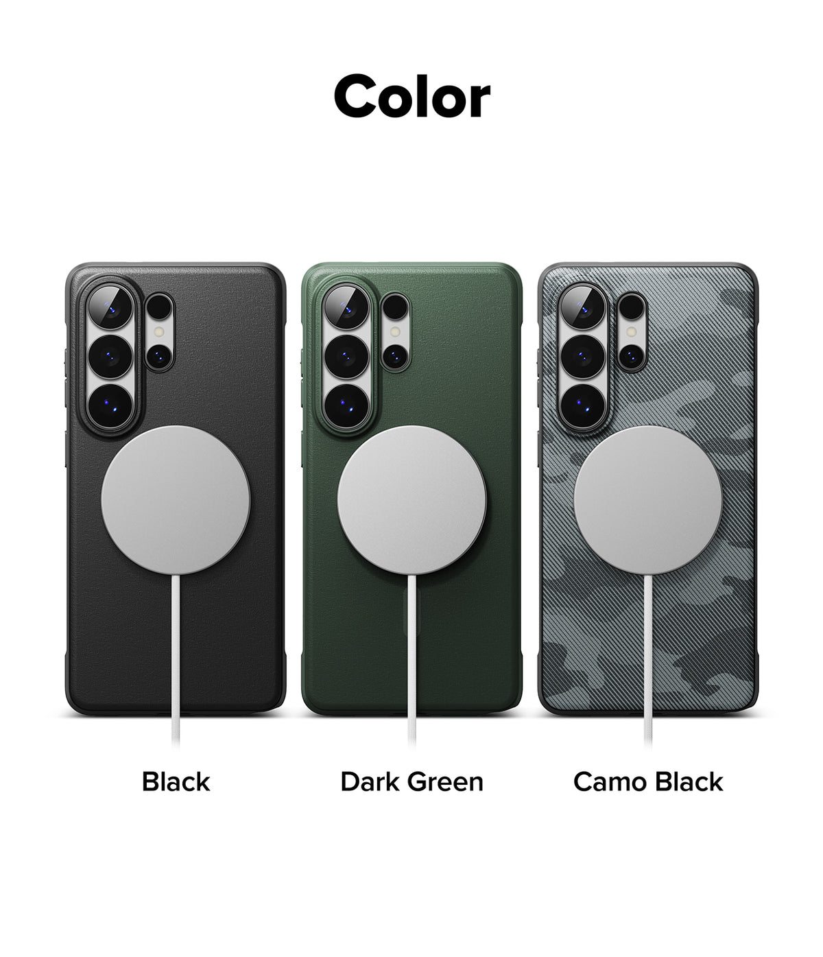 Galaxy S26 Ultra Case | Onyx Magnetic - Three magnetic phone cases in black, dark green, and camo black with charging pads.