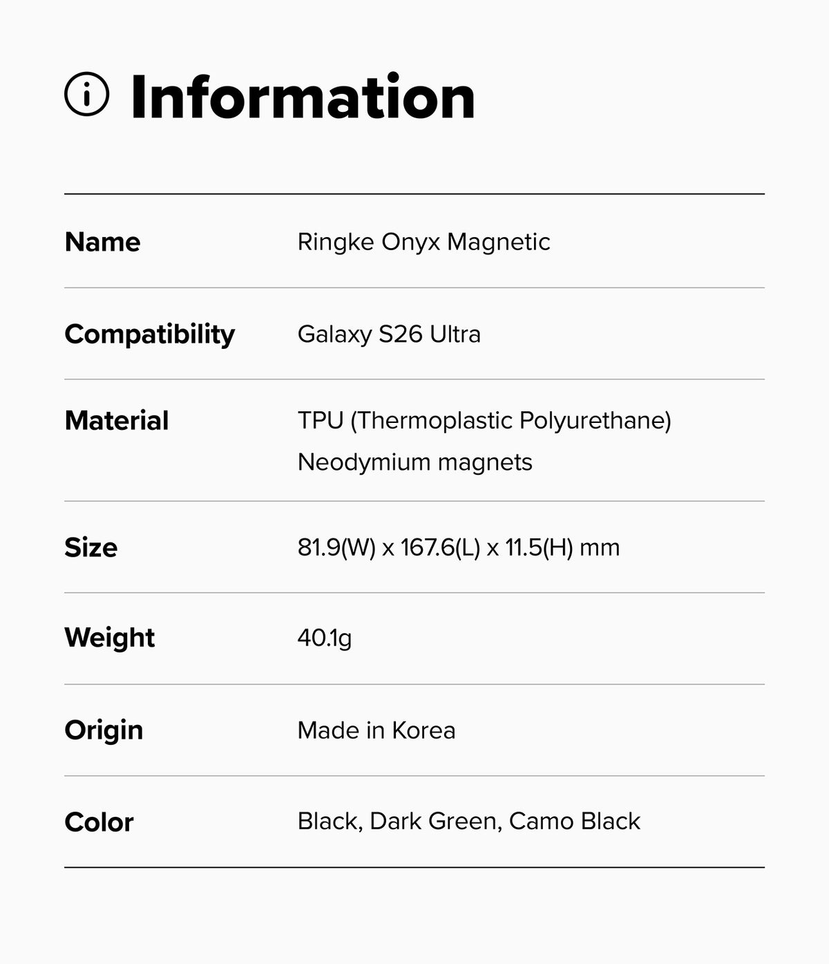 Galaxy S26 Ultra Case | Onyx Magnetic - Technical specifications table for the Ringke Onyx Magnetic case for Galaxy S26 Ultra.