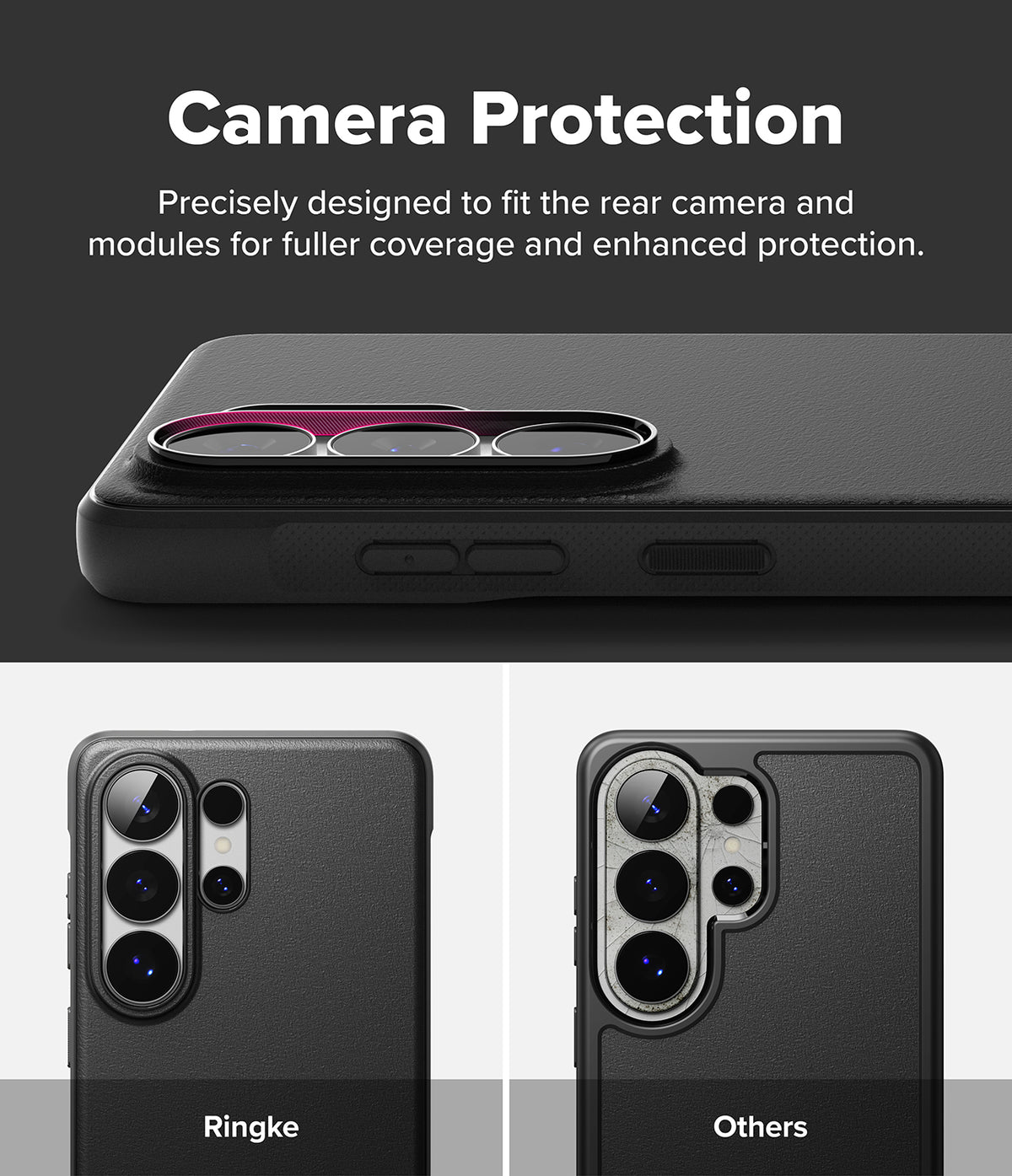 Galaxy S26 Ultra Case | Onyx Magnetic - Comparison showing precise camera module coverage versus a standard case.