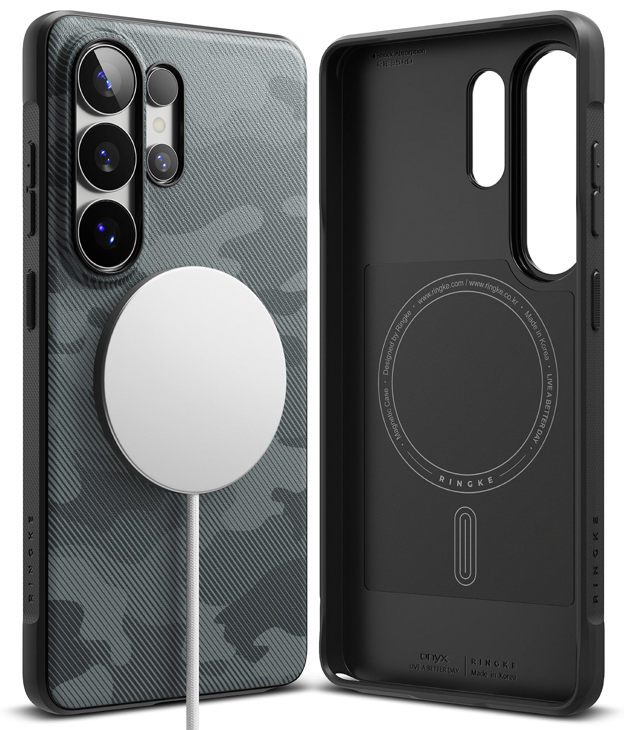 Galaxy S26 Ultra Case | Onyx Magnetic - Camo-patterned phone case with a white magnetic charger and interior view.