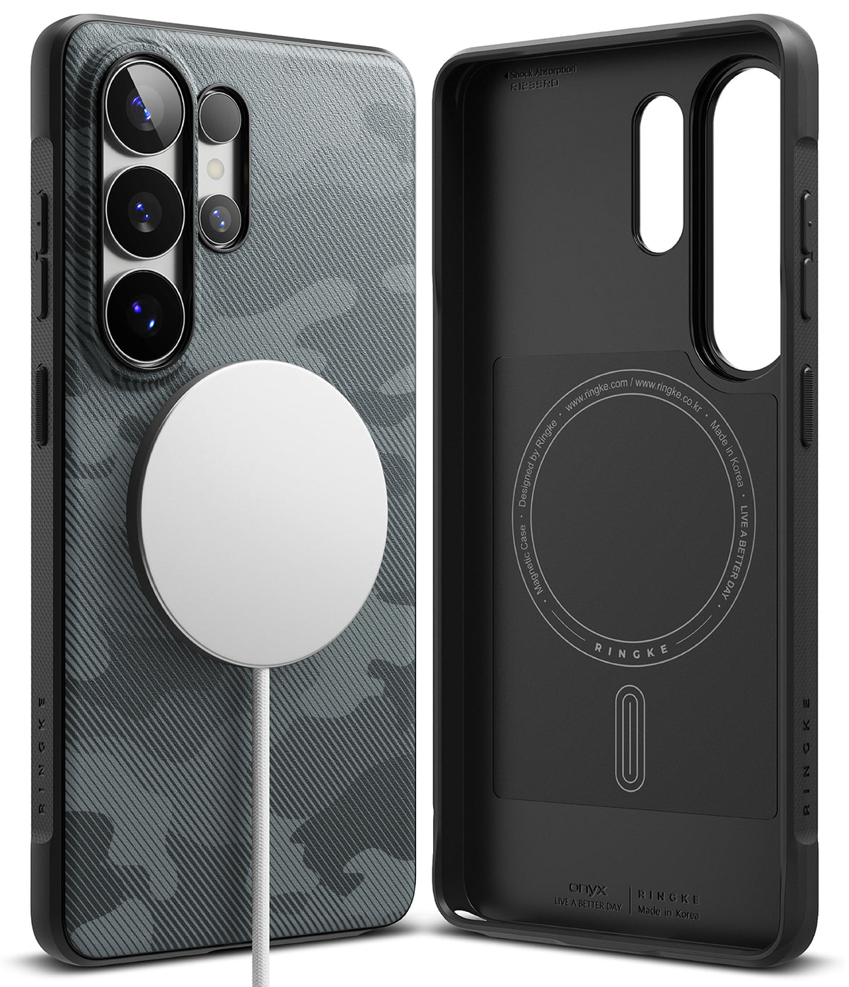 Galaxy S26 Ultra Case | Onyx Magnetic - Camo-patterned phone case with a white magnetic charger and interior view.