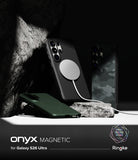 Galaxy S26 Ultra Case | Onyx Magnetic - Three Onyx magnetic cases for Galaxy S26 Ultra displayed on rocks with a charger.