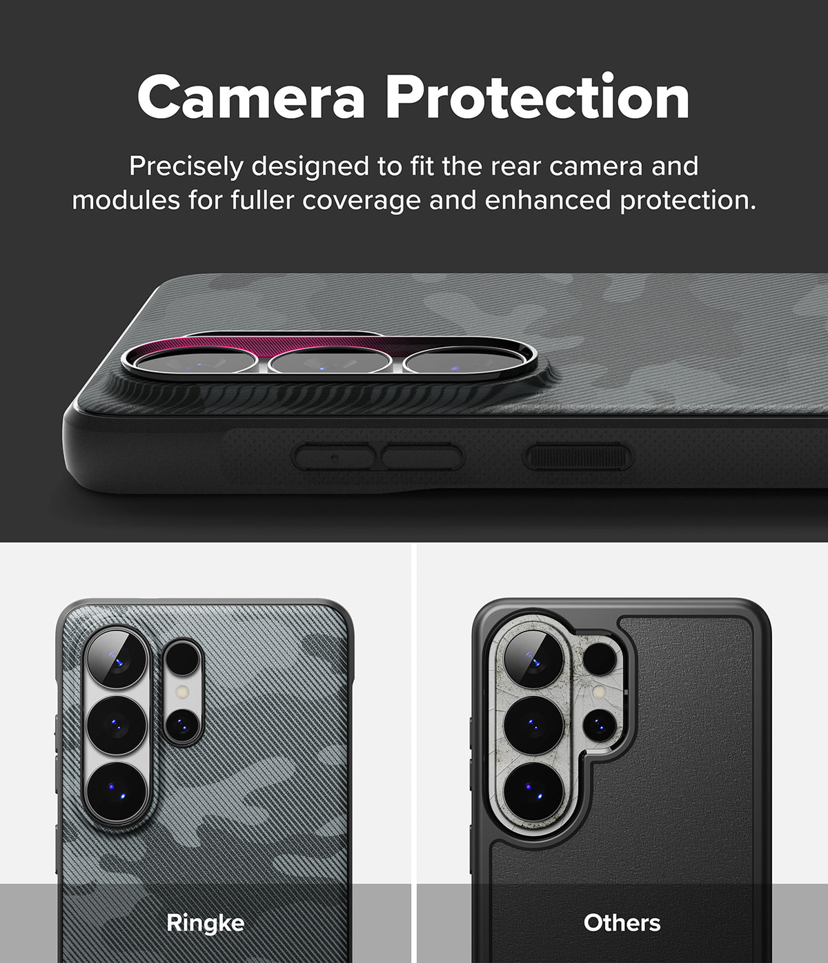 Galaxy S26 Ultra Case | Onyx Magnetic - Comparison showing Ringke case's full camera coverage versus standard cases.