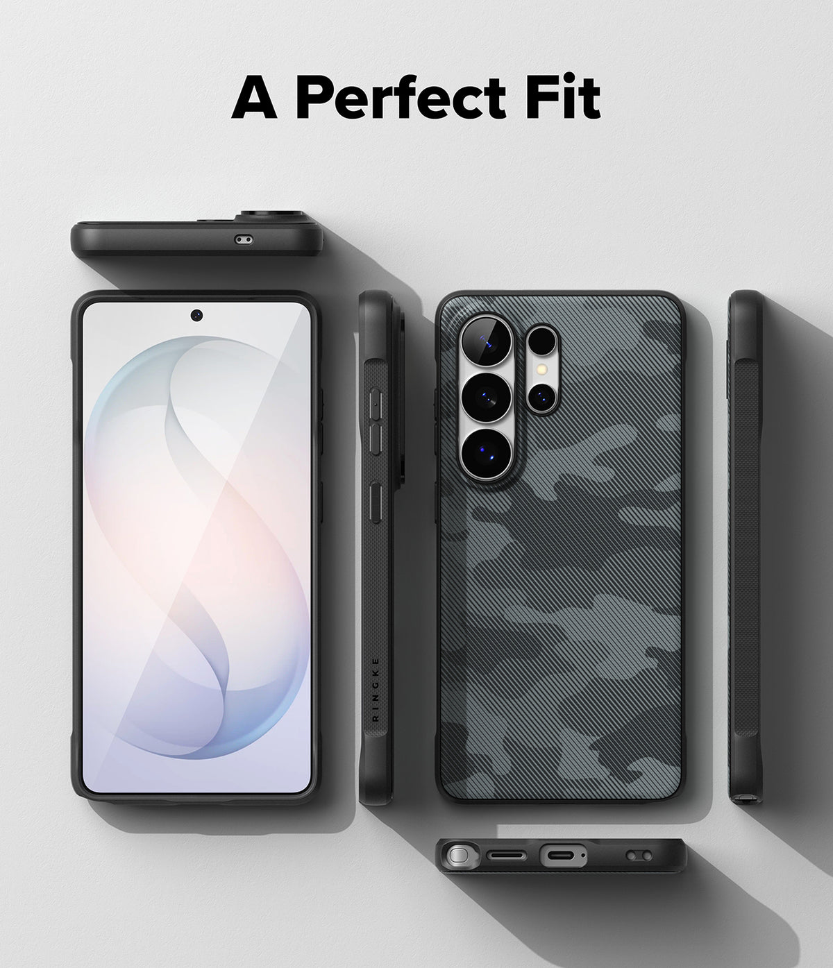 Galaxy S26 Ultra Case | Onyx Magnetic - Multiple views of a black camouflage phone case showing front, back, and sides.