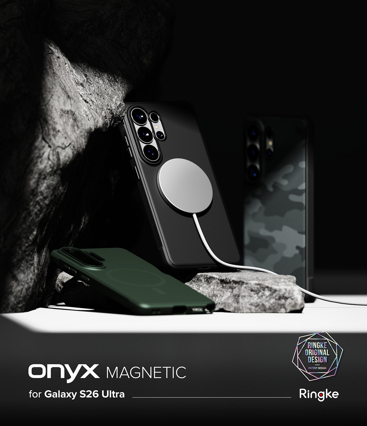 [Bundle] Galaxy S26 Ultra | Onyx Magnetic - Black and green magnetic phone cases for Galaxy S26 Ultra displayed on rocks.
