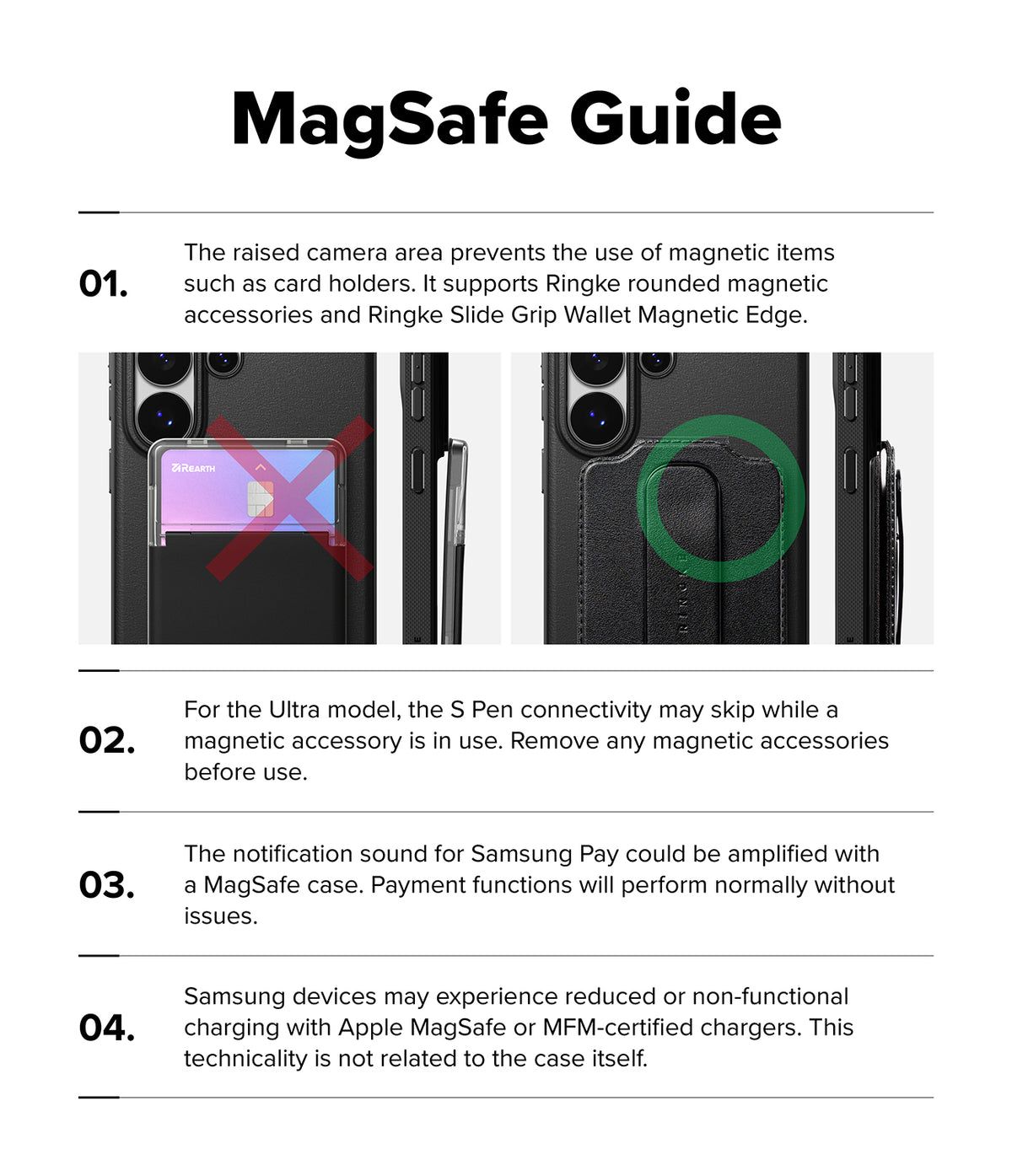Galaxy S26 Ultra Case | Onyx Magnetic - Infographic showing MagSafe compatibility, accessory usage, and S Pen interference.