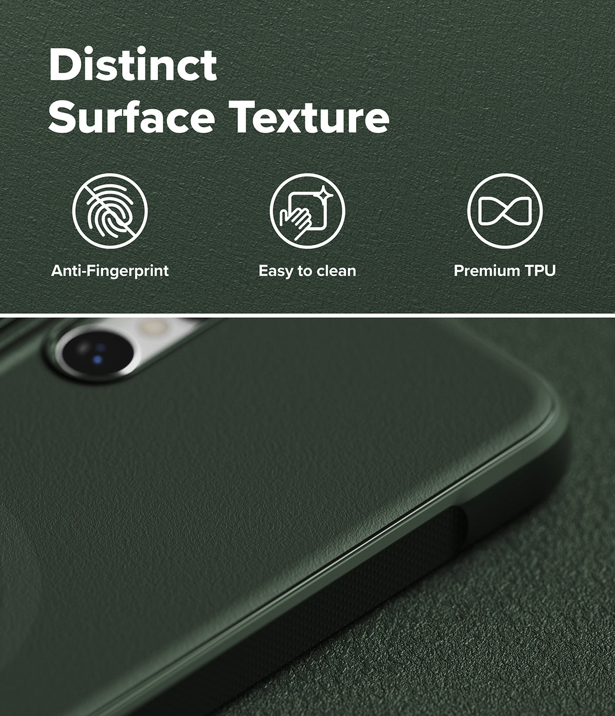 [Bundle] Galaxy S26 Ultra | Onyx Magnetic - Dark green textured phone case with icons for anti-fingerprint, easy cleaning, and TPU material.