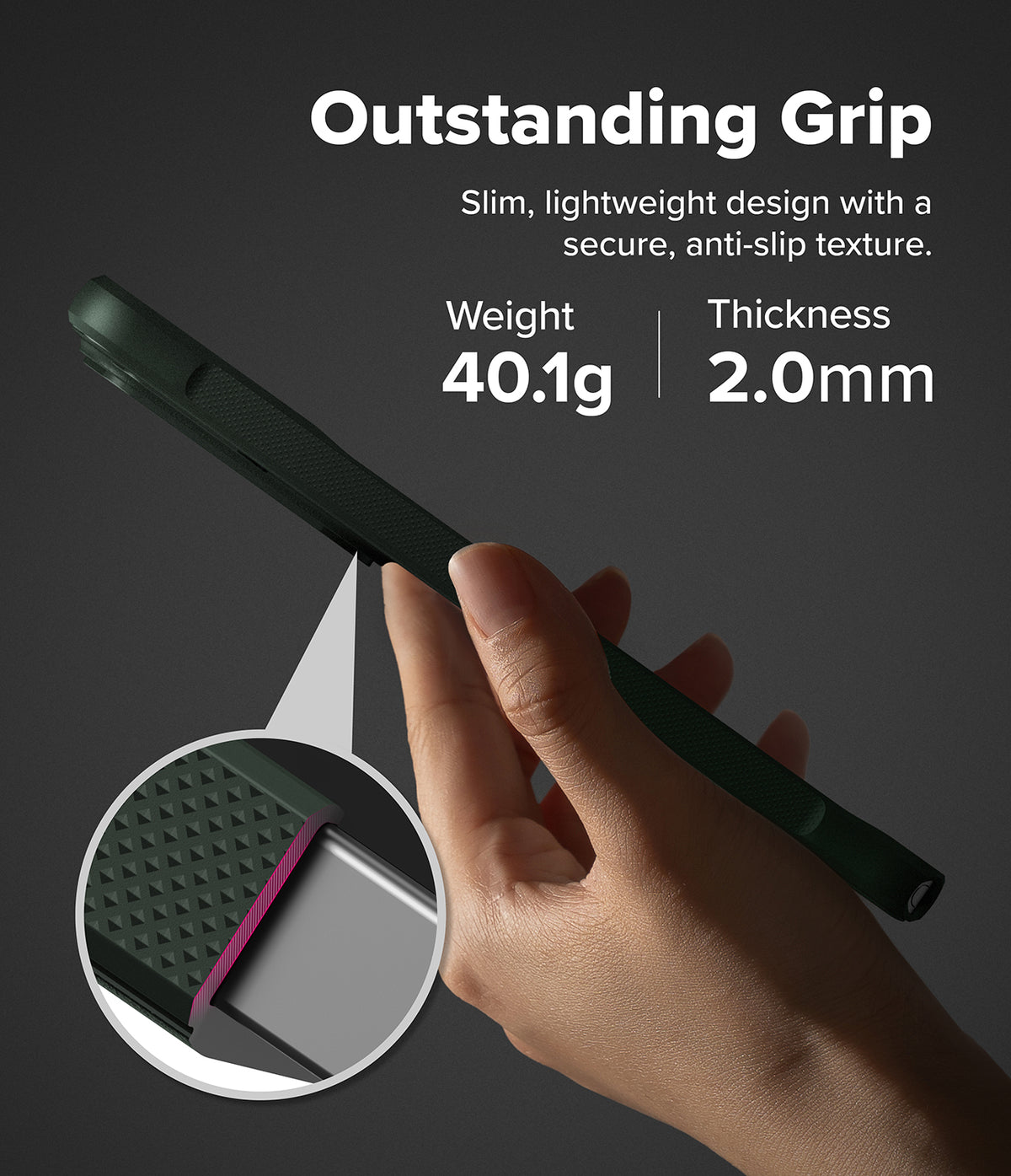 [Bundle] Galaxy S26 Ultra | Onyx Magnetic - Galaxy S26 Ultra | Onyx Magnetic - Hand holding a slim, textured phone case with 40.1g weight and 2.0mm thickness specs.
