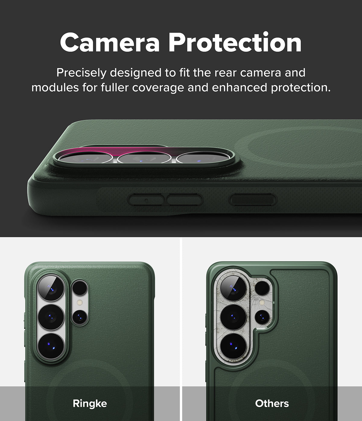 Galaxy S26 Ultra Case | Onyx Magnetic - Close-up of green phone case showing precise camera lens coverage versus standard cases.