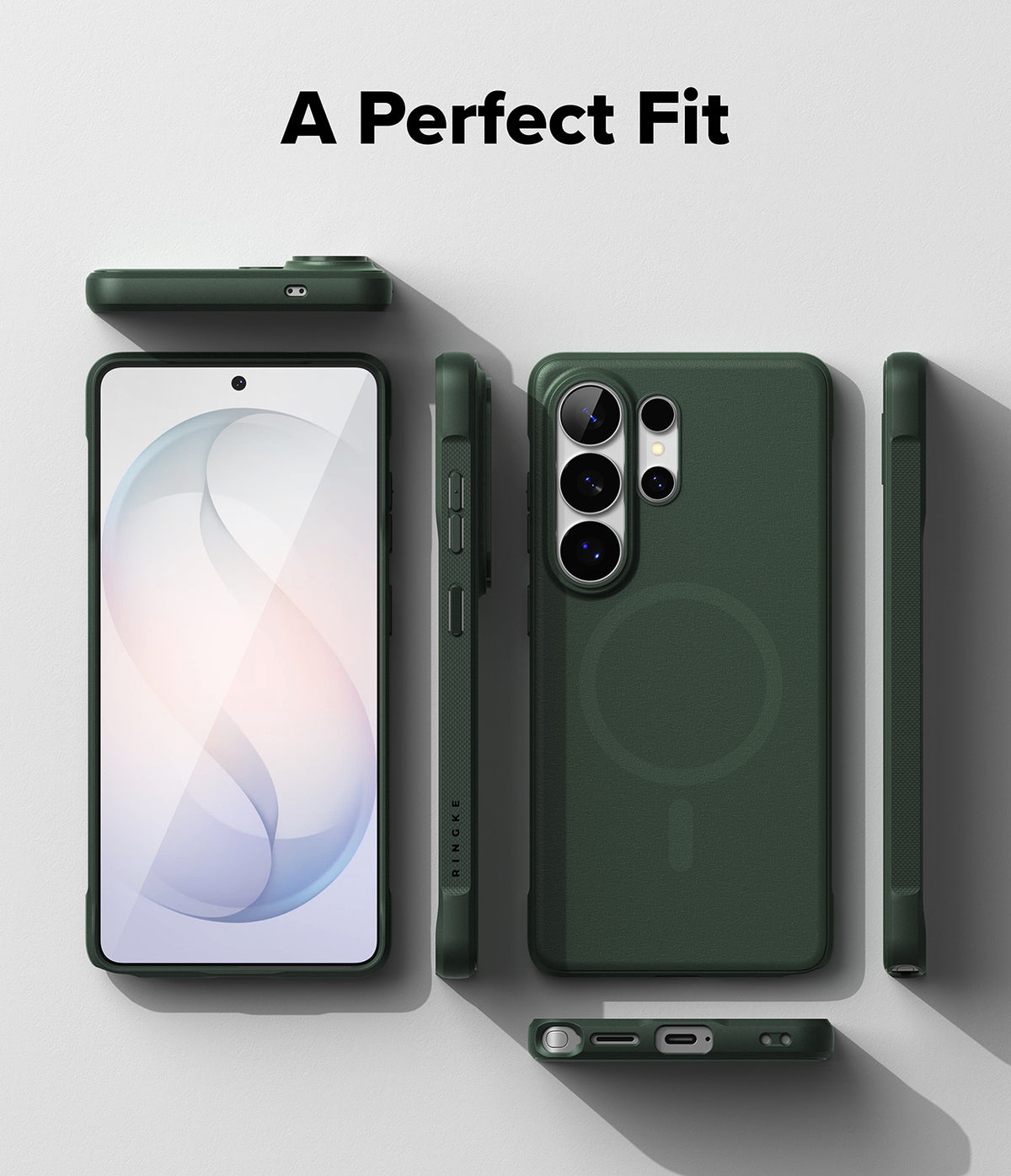 Galaxy S26 Ultra Case | Onyx Magnetic - Dark green phone case shown from multiple angles with a magnetic ring on the back.