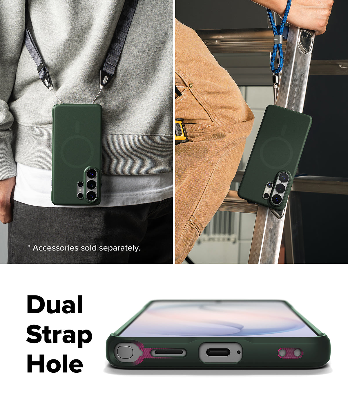 Galaxy S26 Ultra Case | Onyx Magnetic - Dark green phone case with magnetic ring, shown with straps and dual strap holes.