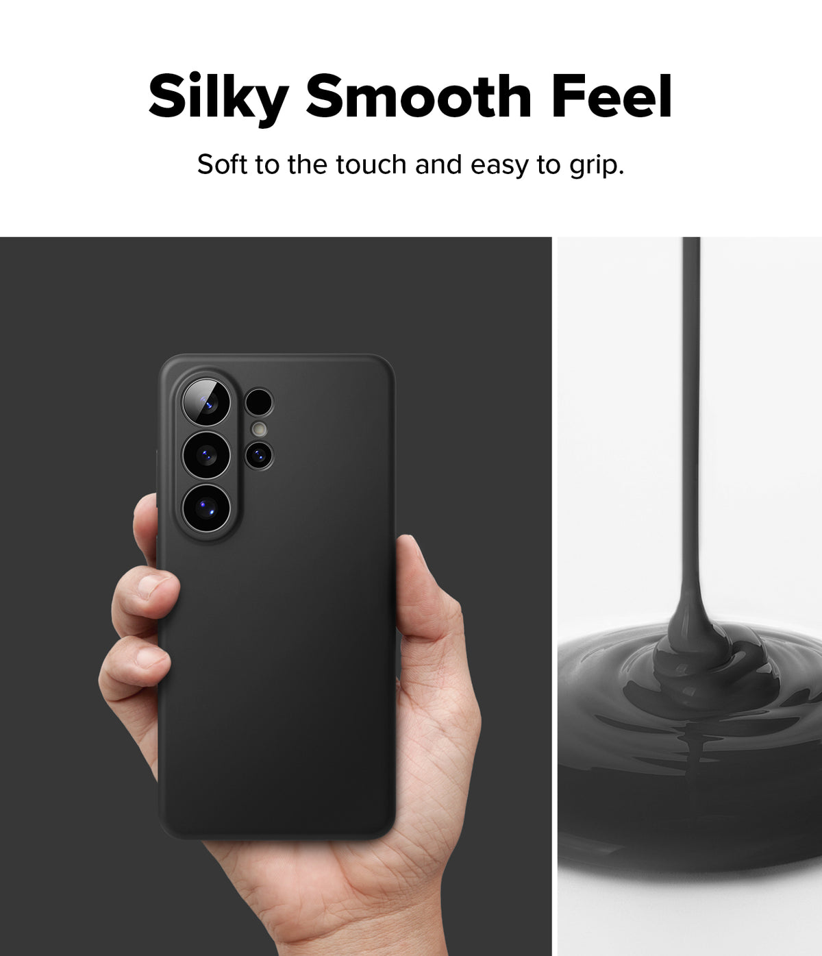 [Bundle] Galaxy S26 Ultra | Silicone Magnetic - Hand holding a black phone case next to a stream of liquid silicone.