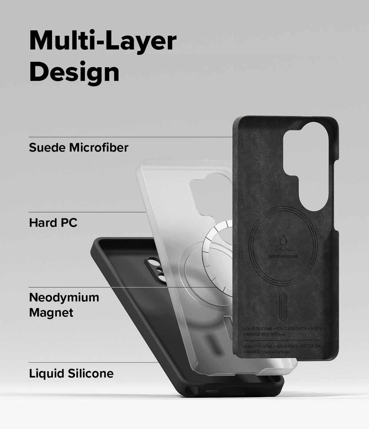 Galaxy S26 Ultra Case | Silicone Magnetic - Exploded view showing suede, hard PC, magnet, and silicone layers.