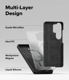 Galaxy S26 Ultra Case | Silicone Magnetic - Exploded view showing suede, hard PC, magnet, and silicone layers.