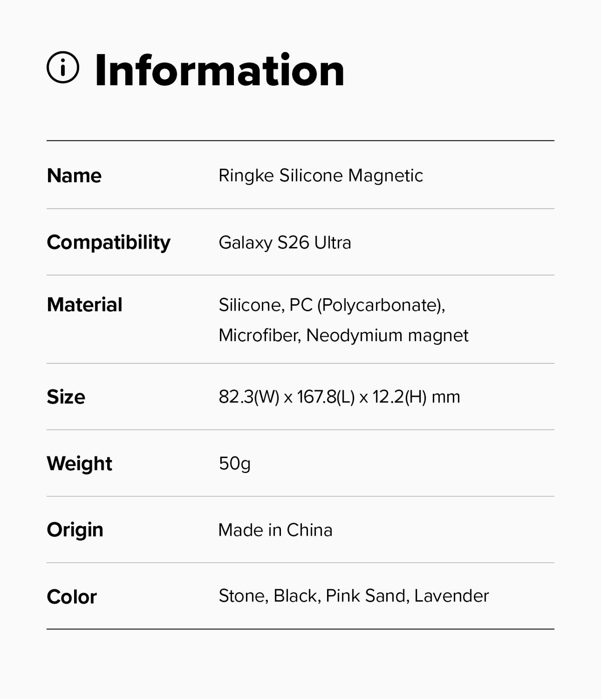 Galaxy S26 Ultra Case | Silicone Magnetic - Information table listing product name, compatibility, materials, and specs.