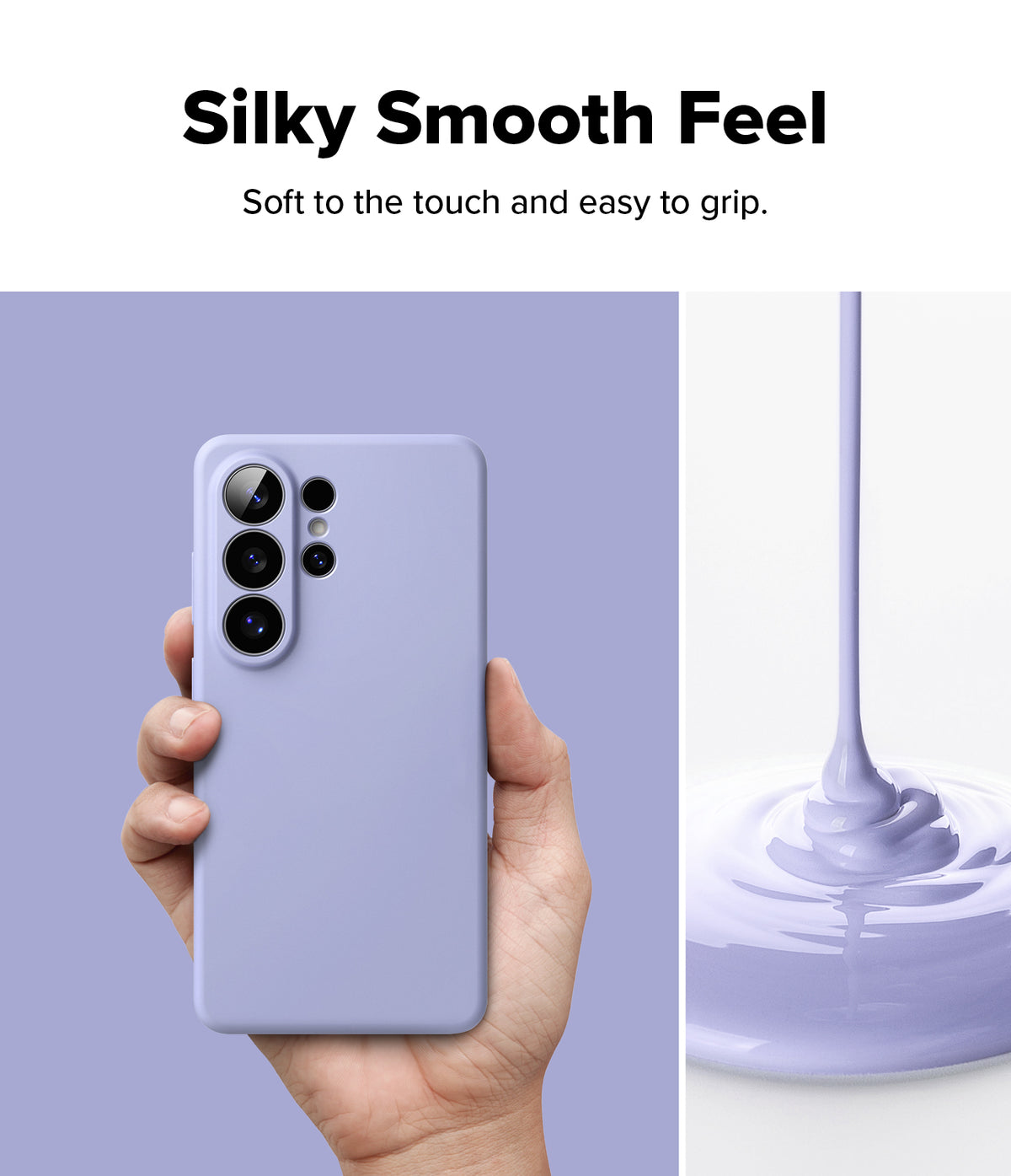 [Bundle] Galaxy S26 Ultra | Silicone Magnetic - Hand holding a lavender silicone phone case next to pouring liquid.