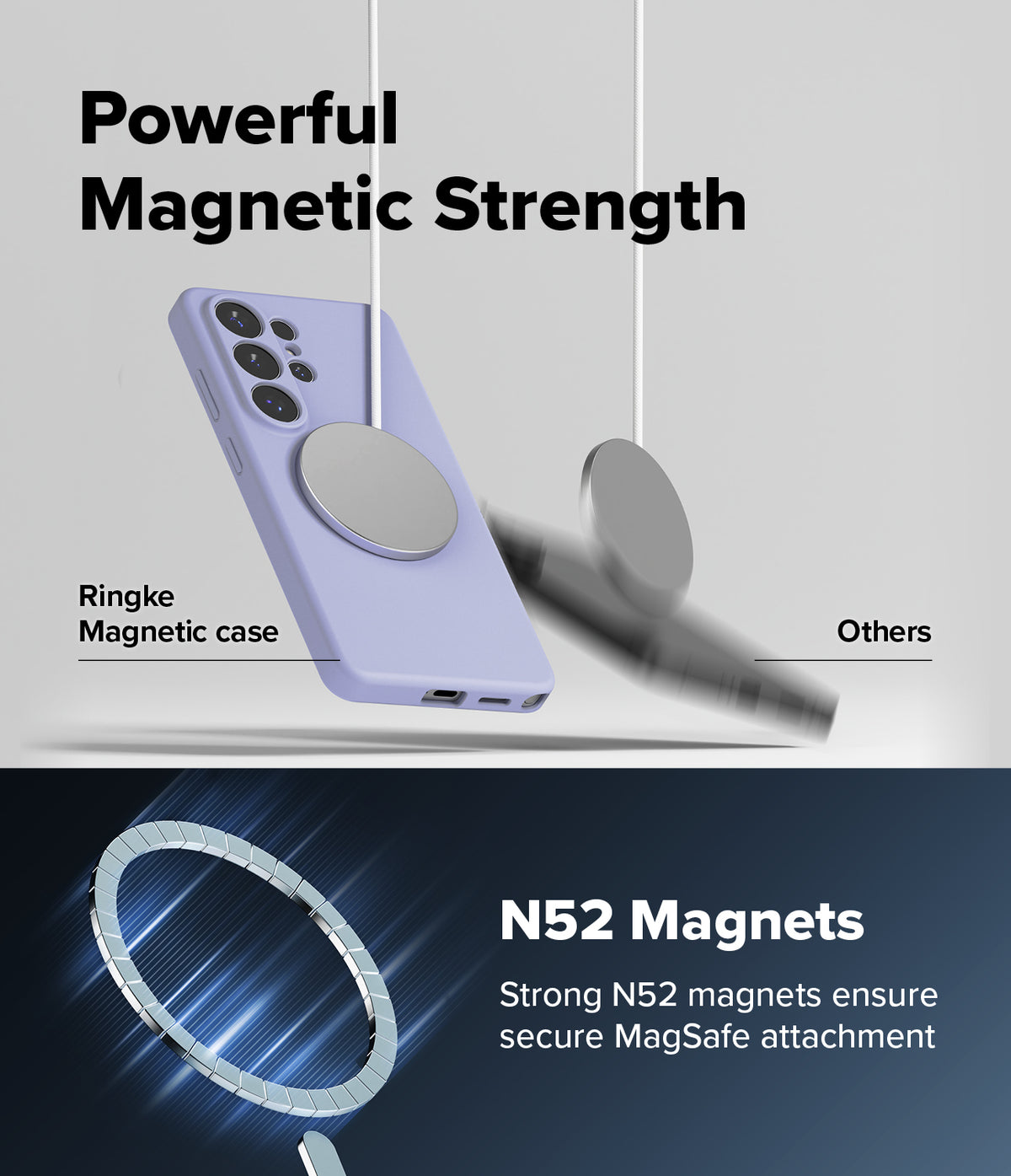 Galaxy S26 Ultra Case | Silicone Magnetic - A lavender phone case held by a magnet, contrasting with a falling disc.