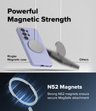 Galaxy S26 Ultra Case | Silicone Magnetic - A lavender phone case held by a magnet, contrasting with a falling disc.