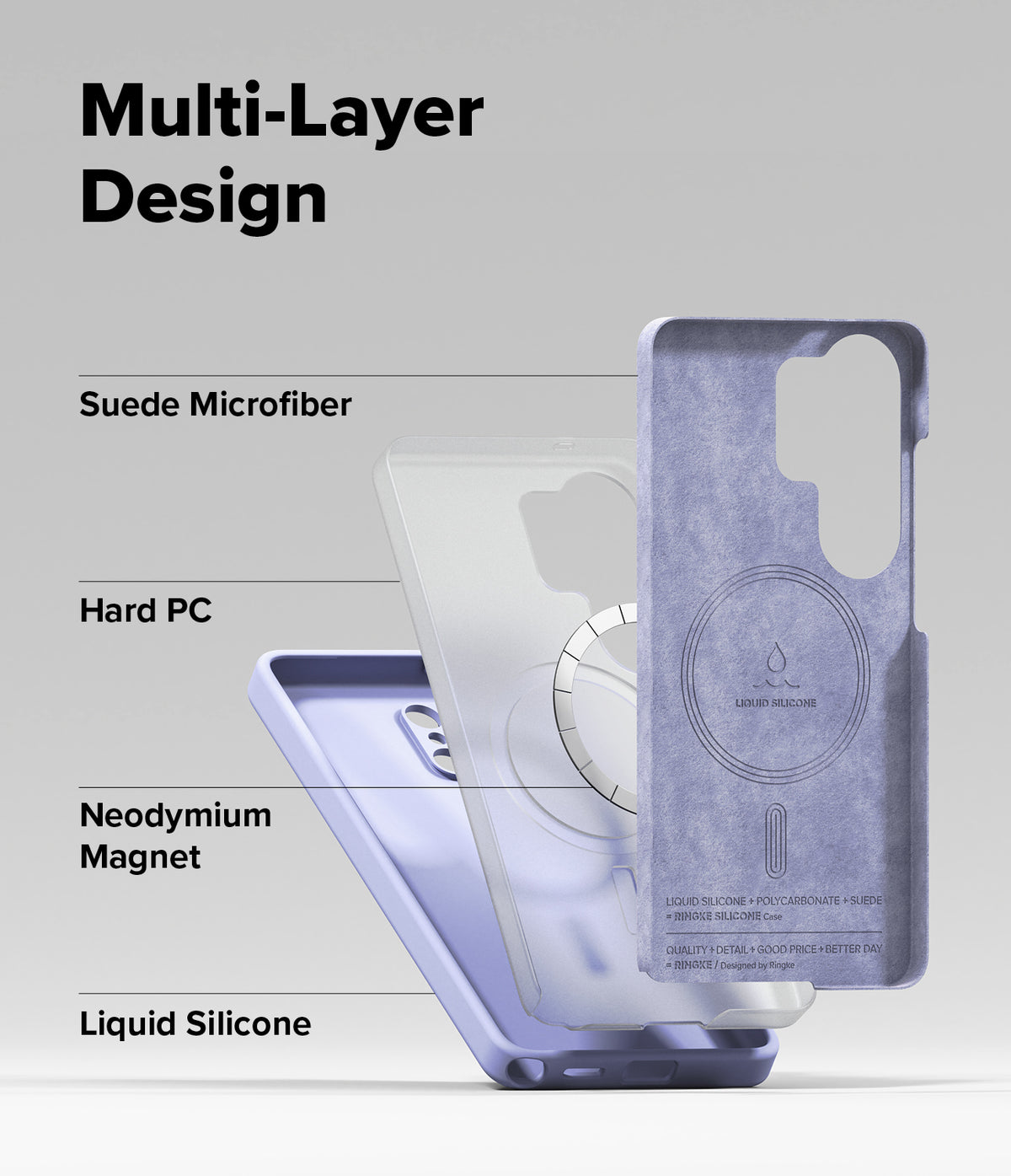 Galaxy S26 Ultra Case | Silicone Magnetic - Exploded view showing suede, hard PC, magnet, and silicone layers.
