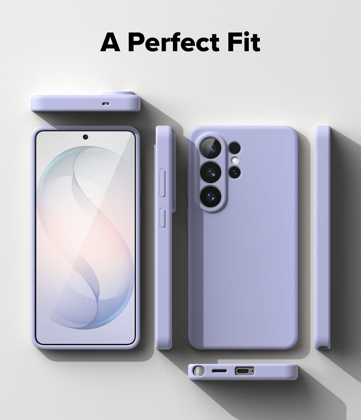 Galaxy S26 Ultra Case | Silicone Magnetic - Lavender silicone phone case shown from front, back, and side angles.