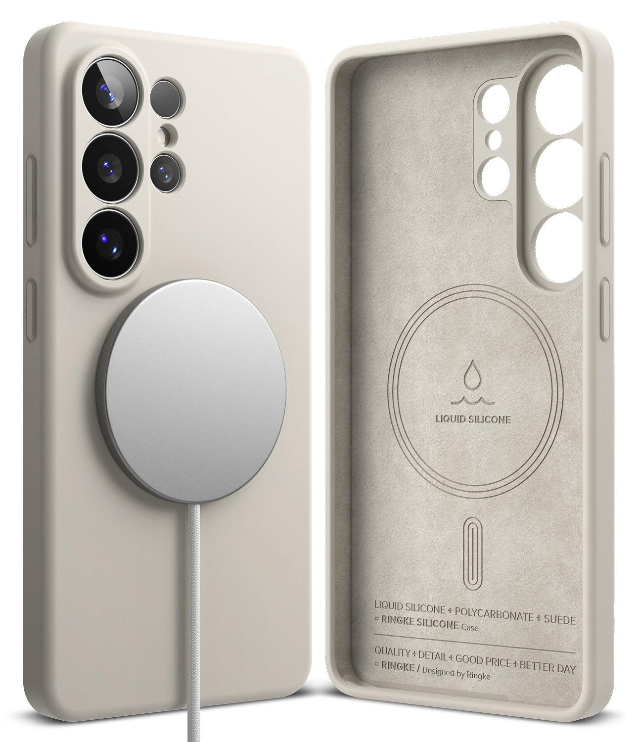 Galaxy S26 Ultra Case | Silicone Magnetic - Beige silicone phone case with magnetic charger and suede-lined interior.