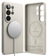 Galaxy S26 Ultra Case | Silicone Magnetic - Beige silicone phone case with magnetic charger and suede-lined interior.