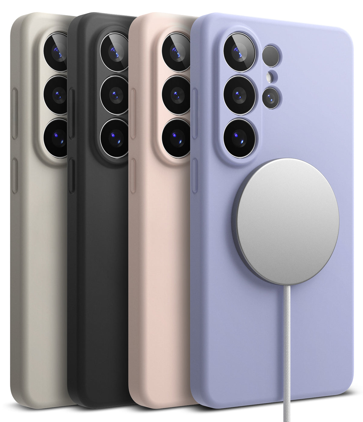 Galaxy S26 Ultra Case | Silicone Magnetic - Four silicone phone cases in beige, black, pink, and purple with a magnetic charger.