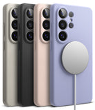 Galaxy S26 Ultra Case | Silicone Magnetic - Four silicone phone cases in beige, black, pink, and purple with a magnetic charger.
