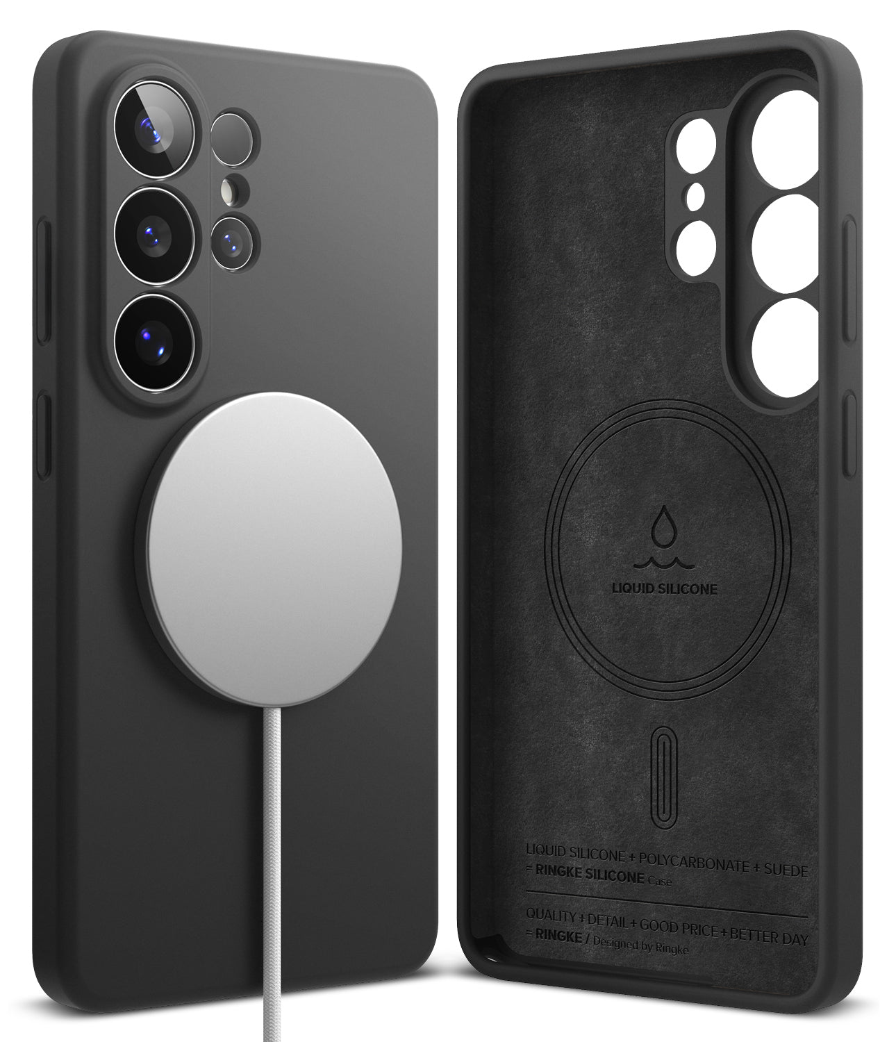 Galaxy S26 Ultra Case | Silicone Magnetic - Matte black phone case with magnetic charger and interior suede lining.