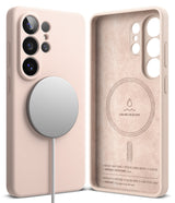Galaxy S26 Ultra Case | Silicone Magnetic - Pink silicone phone case with magnetic charger and suede interior view.