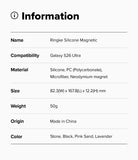 Galaxy S26 Ultra Case | Silicone Magnetic - Information table listing product name, compatibility, materials, size, weight, and colors.