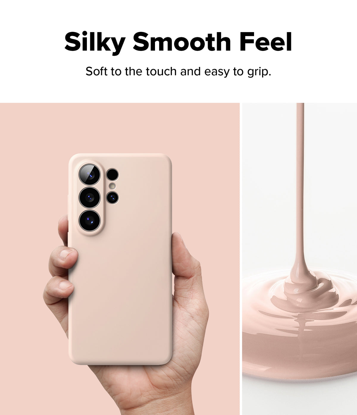 [Bundle] Galaxy S26 Ultra | Silicone Magnetic - Galaxy S26 Ultra | Silicone Magnetic - Hand holding a light pink phone case next to liquid silicone pouring down.