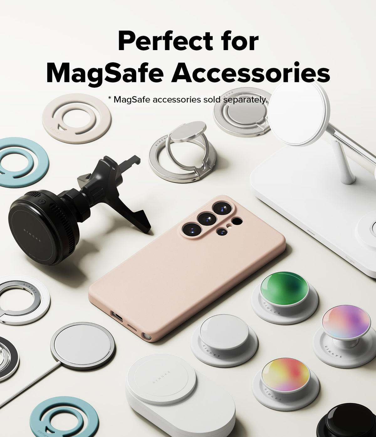 [Bundle] Galaxy S26 Ultra | Silicone Magnetic - Galaxy S26 Ultra | Silicone Magnetic - Pink phone case surrounded by various MagSafe accessories on a white surface.