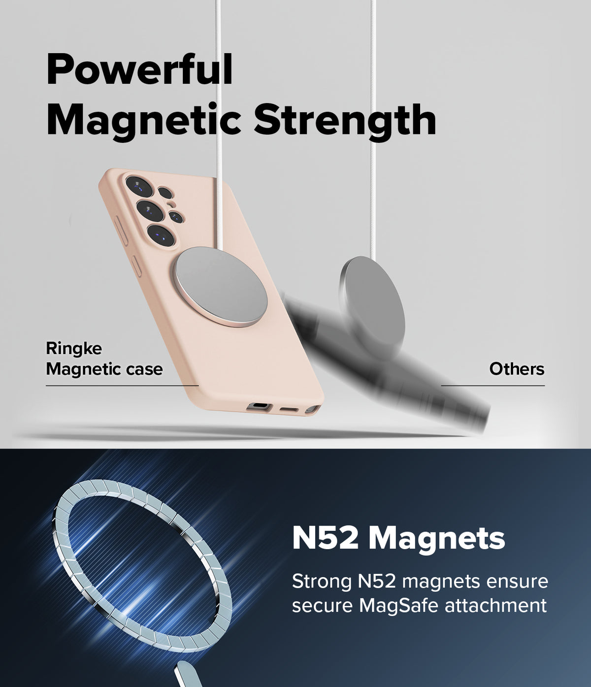 Galaxy S26 Ultra Case | Silicone Magnetic - A pink phone case securely attached to a magnet, contrasting with a falling case.