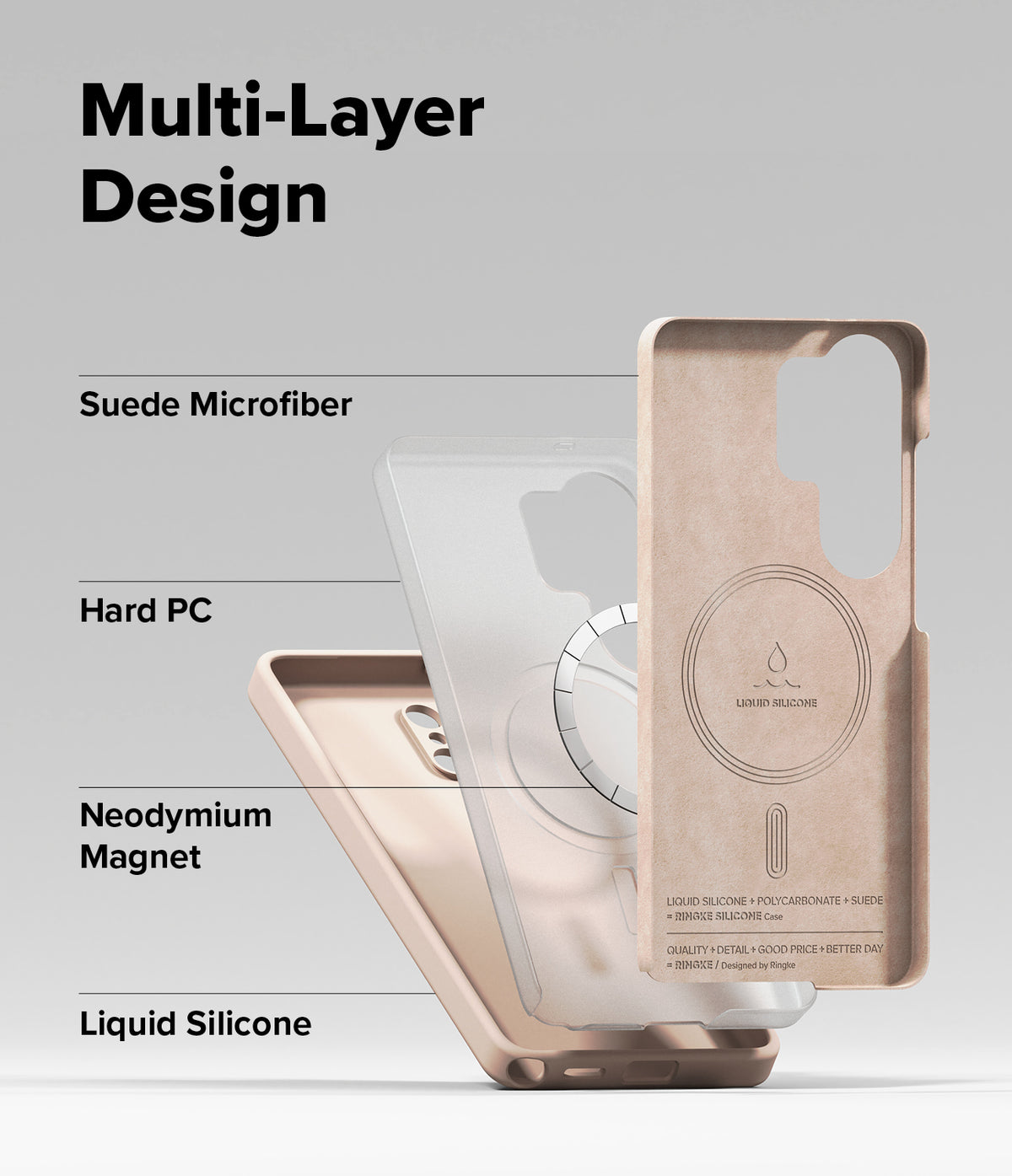 Galaxy S26 Ultra Case | Silicone Magnetic - Exploded view showing suede, hard PC, magnet, and silicone case layers.