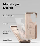 Galaxy S26 Ultra Case | Silicone Magnetic - Exploded view showing suede, hard PC, magnet, and silicone case layers.