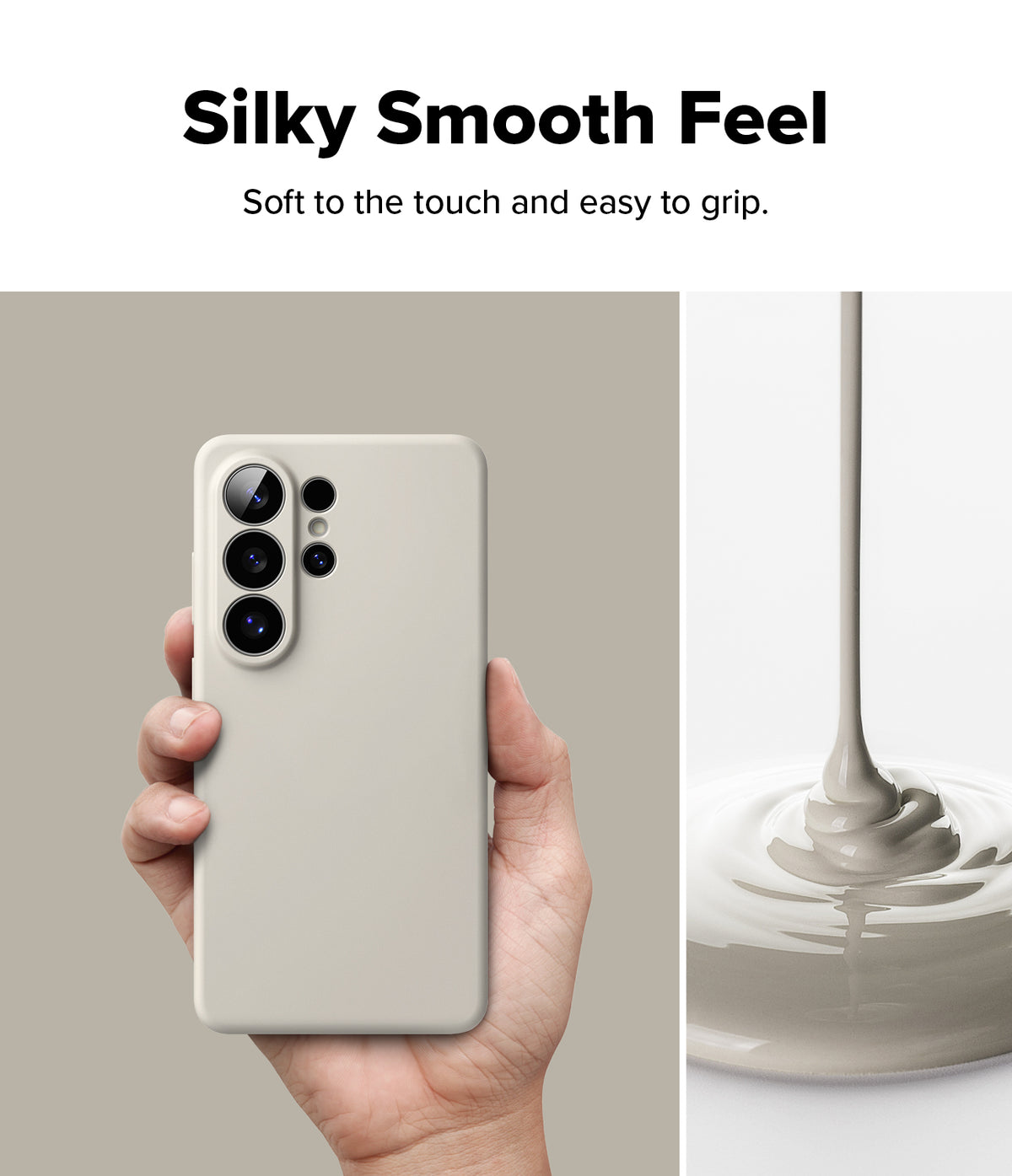 [Bundle] Galaxy S26 Ultra | Silicone Magnetic - Galaxy S26 Ultra | Silicone Magnetic - Hand holding a beige phone case next to a stream of liquid silicone.
