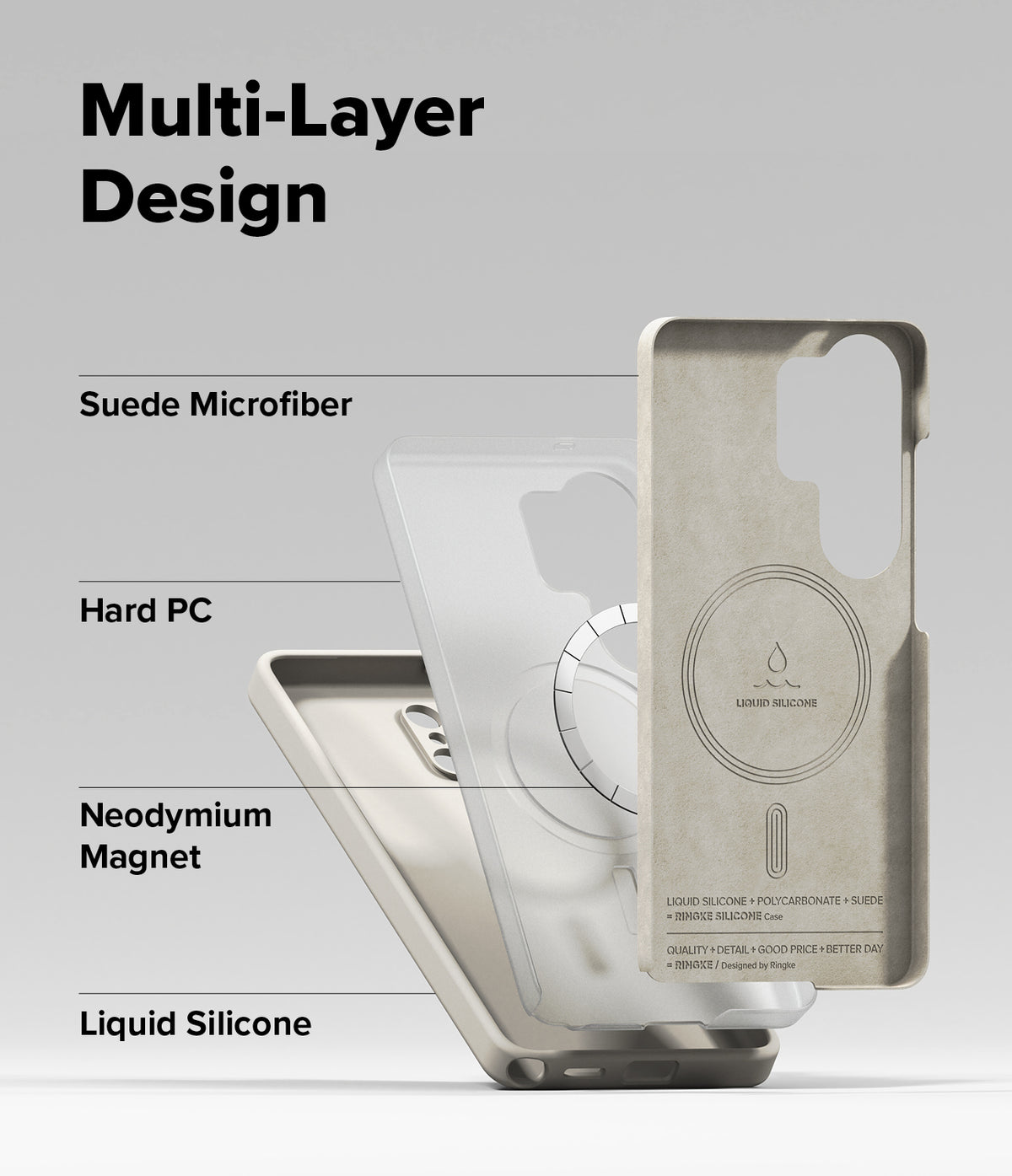 Galaxy S26 Ultra Case | Silicone Magnetic - Exploded view showing suede, hard PC, magnet, and silicone case layers.