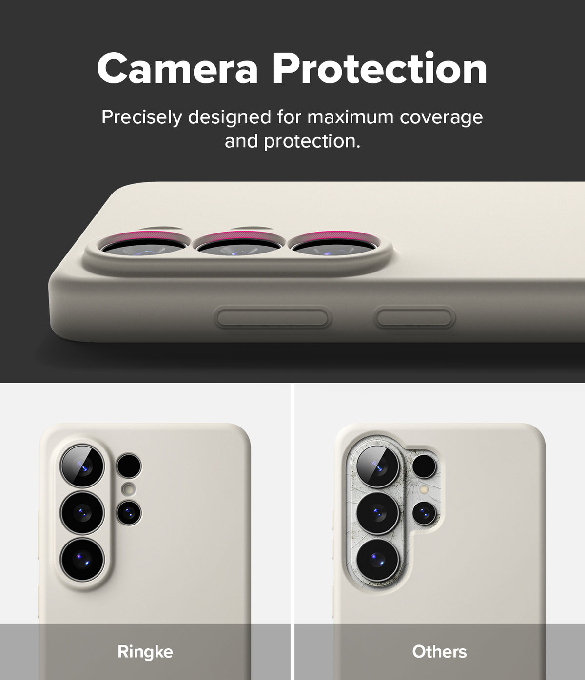 Galaxy S26 Ultra Case | Silicone Magnetic - Comparison showing Ringke case camera coverage versus a damaged competitor.