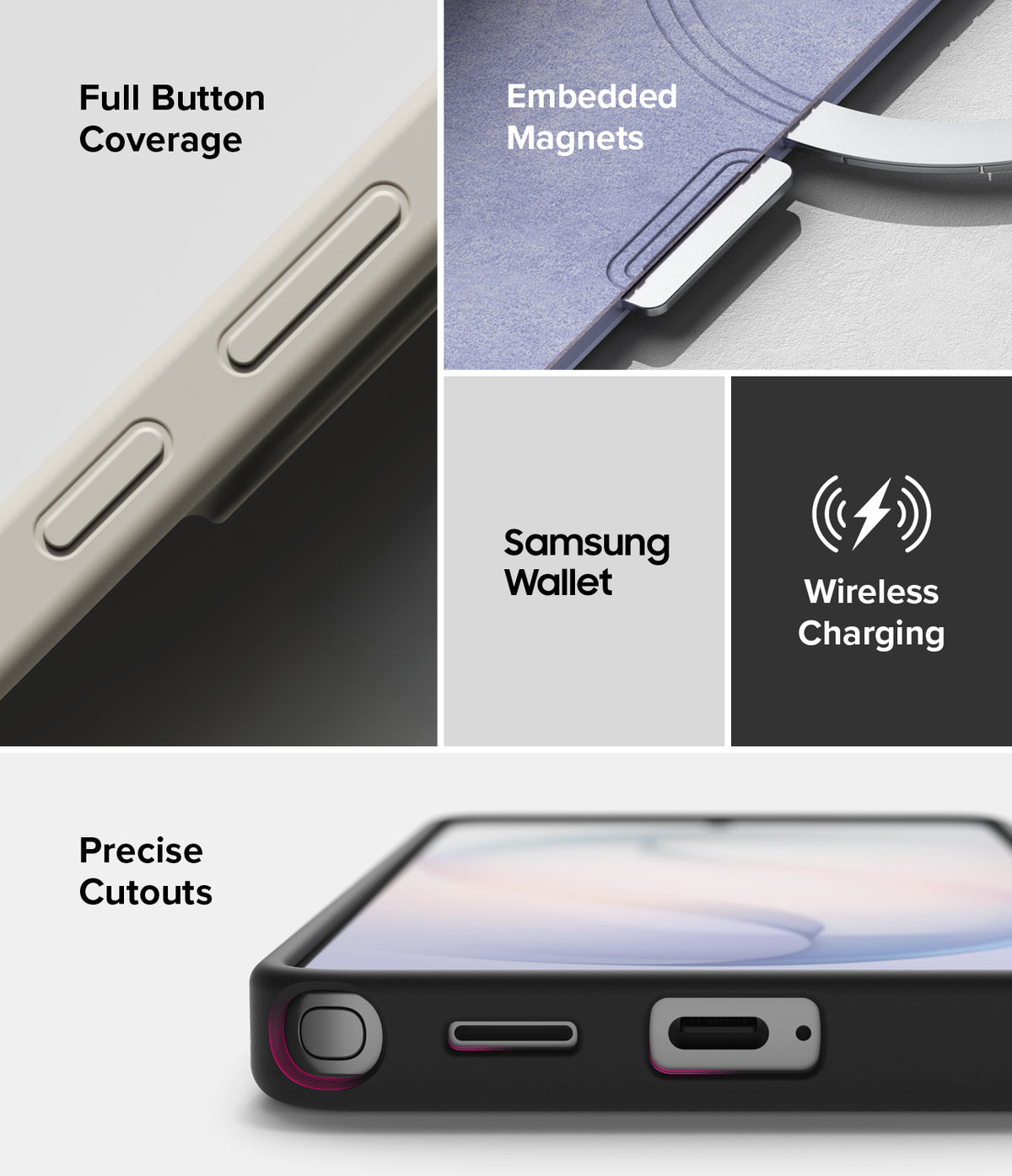 Galaxy S26 Ultra Case | Silicone Magnetic - Collage showing button coverage, embedded magnets, and precise port cutouts.